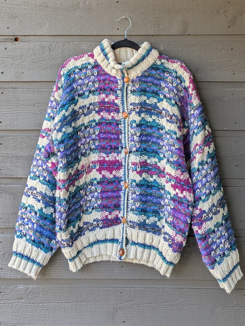 Vintage El Gringo Imports Ecuadorian 100% Wool Multicolor Woven Cardigan